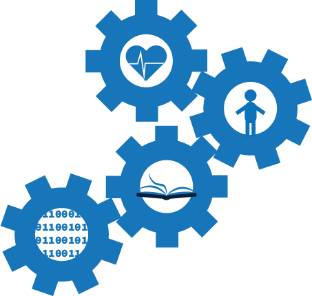 an icon of gears with images inside meant to represent biomedical health informatics. 