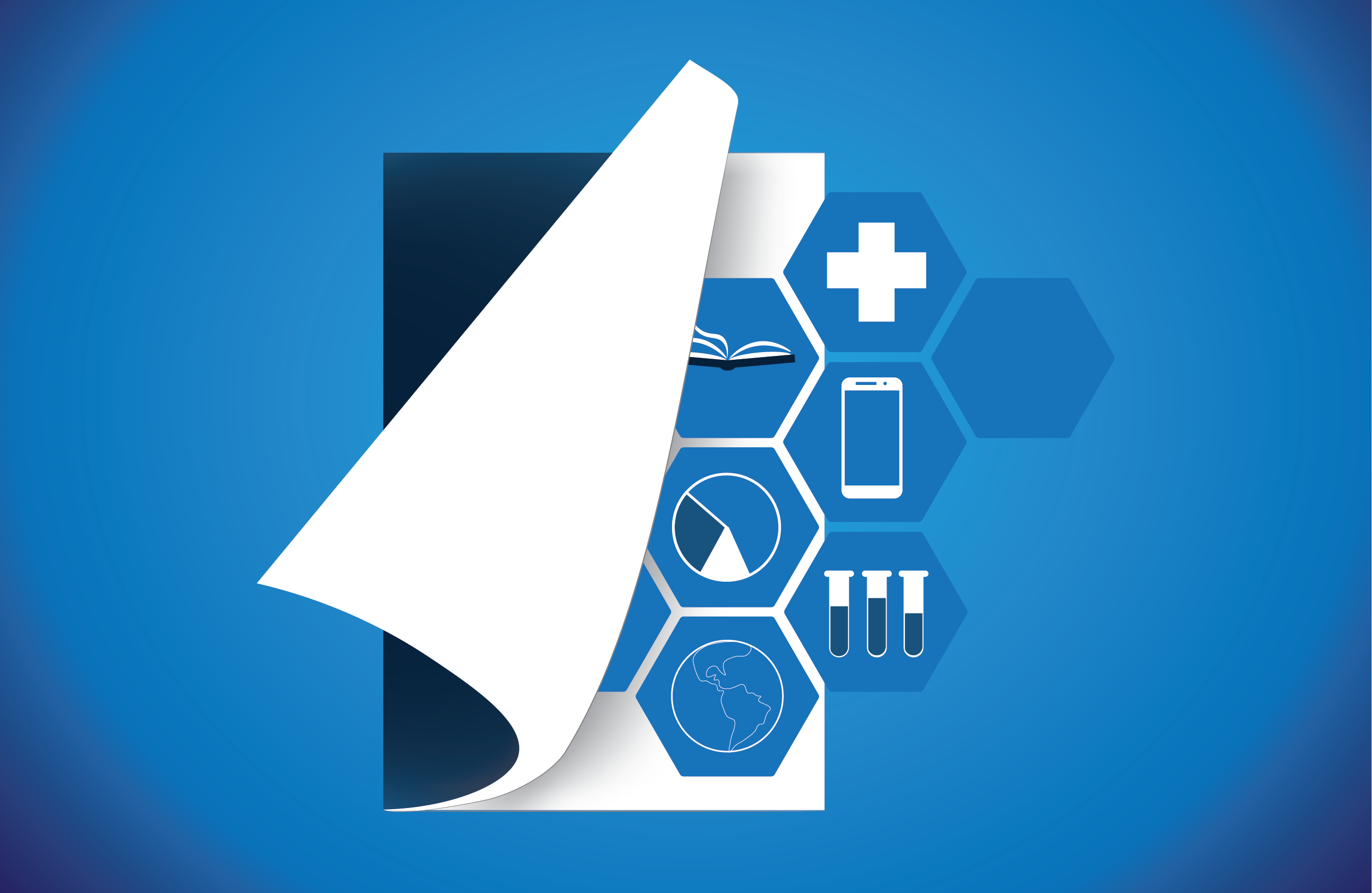 an open book with hexagons meant to represent the concept of health informatics coming out