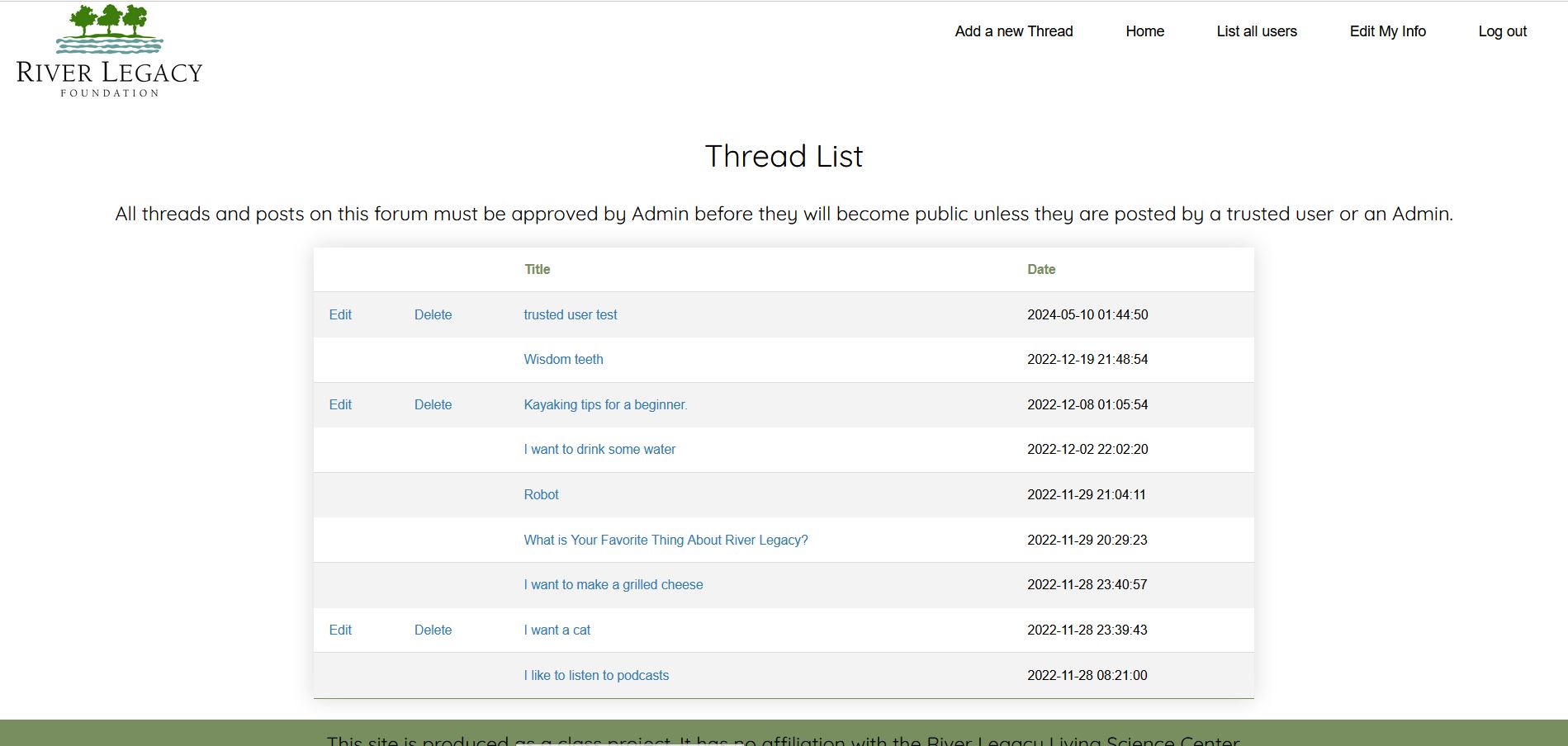 Image of the list of threads on the forum